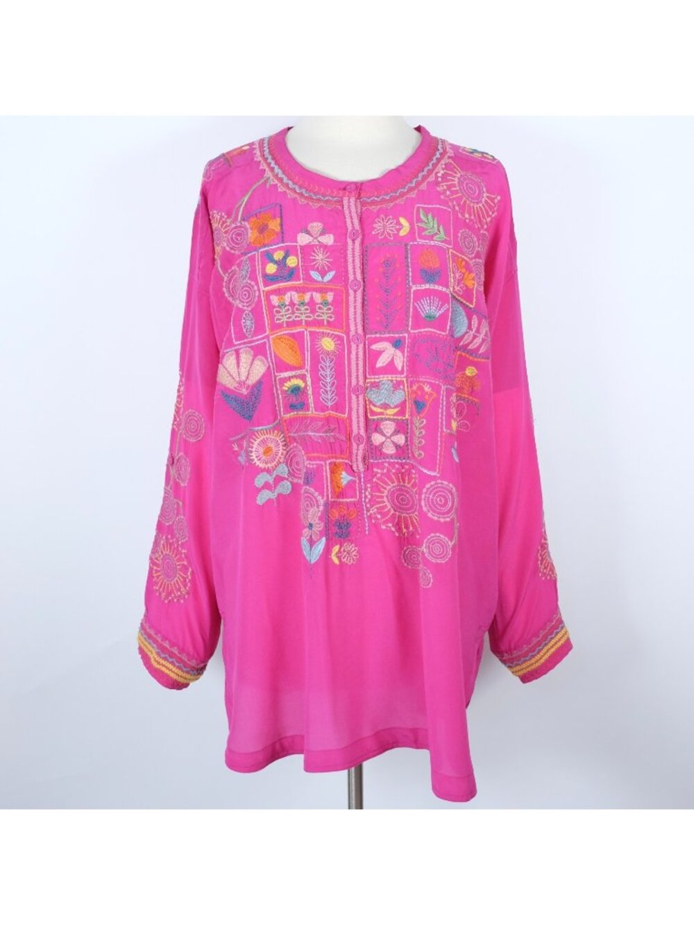 Johnny Was long tunic top blouse XXL embroidered floral pink long sleeves silk